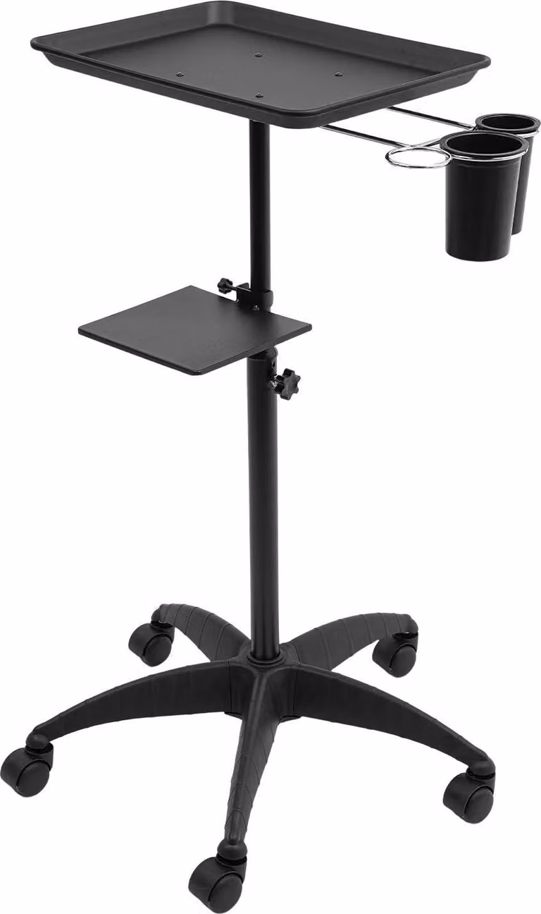 Carrello da parrucchiere - Carrello a 2 ripiani - Regolabile in altezza da 68 a 101 cm - 2 ripiani + 2 contenitori laterali - 5 ruote girevoli in nylon - Portata 7,5 kg - Nero