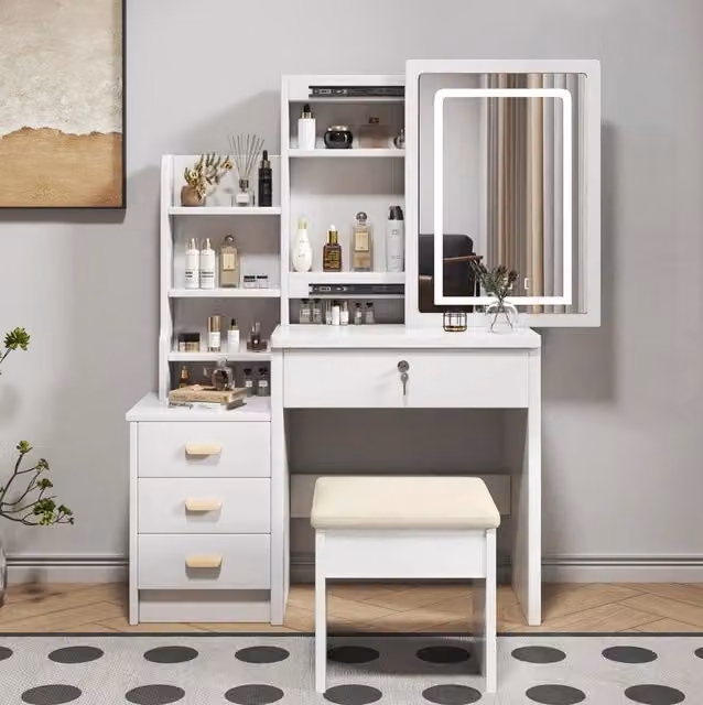 Tavolo da trucco con specchio LED; 4 cassetti; MDF; bianco; 83x55;5x17 cm