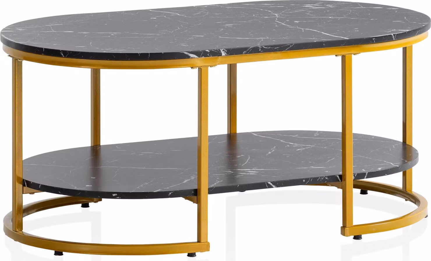WOHNLING Tavolino da caffè 100x60x45 cm Nero con aspetto marmoreo Tavolo da soggiorno Tavolo rettangolare da divano con ripiano Tavolino da caffè Moderno con oro