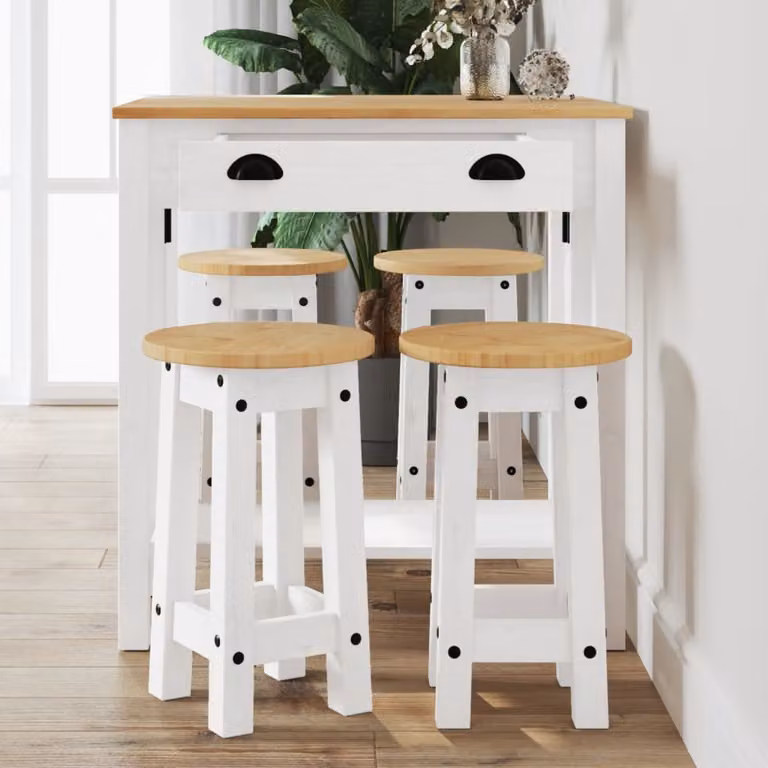 Set da Bar vidaXL in Legno di Pino Bianco composto da Tavolo e 4 Sedie