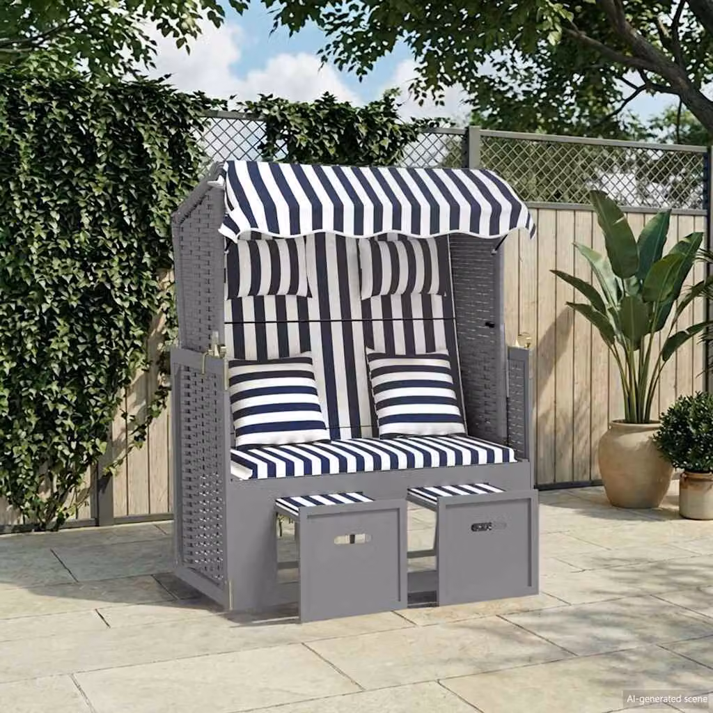 vidaXL Strandkorb in Polyrattan e Legno con Cuscini a Righe Blu, Bianco e Grigio per Giardino e Terrazzo
