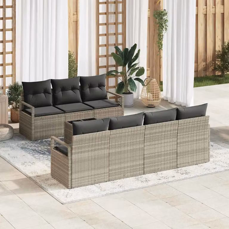 Set di divani da giardino vidaXL a forma di L con 8 pezzi, colore grigio, in polyrattan e metallo con cuscini inclusi