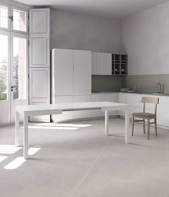 Tavolo allungabile moderno E-Stylo Stones in bianco con gambe in faggio, L: 80 x P: 130/210 x H: 76 cm