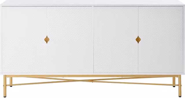 Credenza Bianca con 4 Porte, Superficie Testurizzata e Maniglie Dorate Spazzolate, 160×40×82 cm