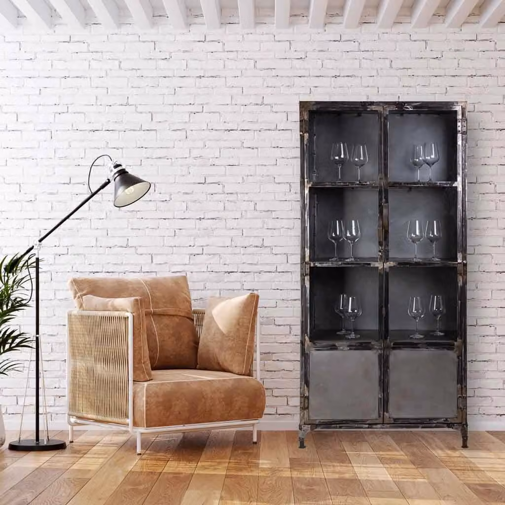 Vetrina Wanderlust Deco in metallo e vetro nero con ante in vetro, stile industrial, L: 90 cm, P: 40 cm, H: 190 cm – 2
