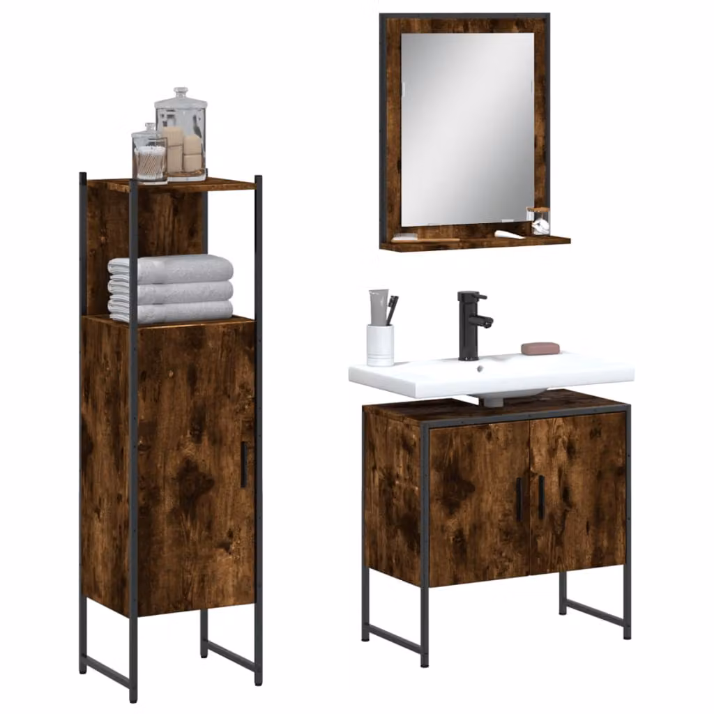 Set di mobili da bagno vidaXL 3 pezzi in legno rovere e metallo marrone stile industriale