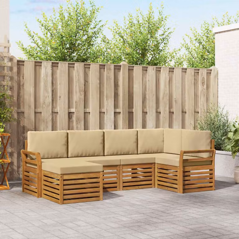 Set di divani da esterno vidaXL a forma di L composto da 6 pezzi in legno di acacia con cuscini beige e marrone