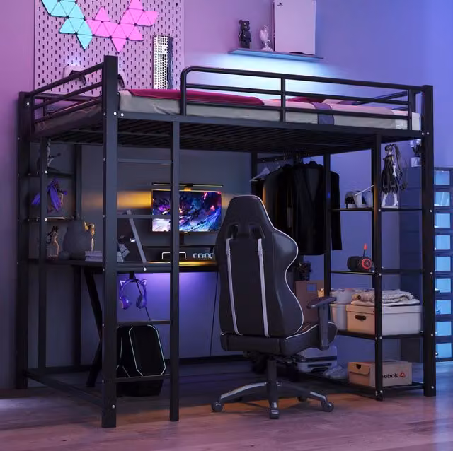 Letto a soppalco 140x200 cm con scrivania; ripiani e appendiabiti in metallo e MDF nero