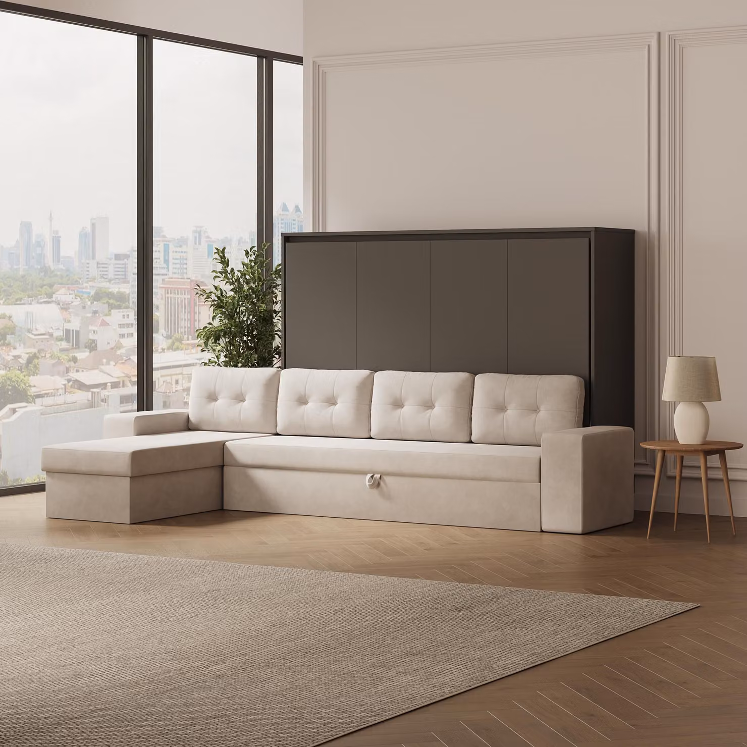 SMARTBett Letto a scomparsa M2 Orizzontale 140x200 con divano ad angolo grigio sabbia Antracite