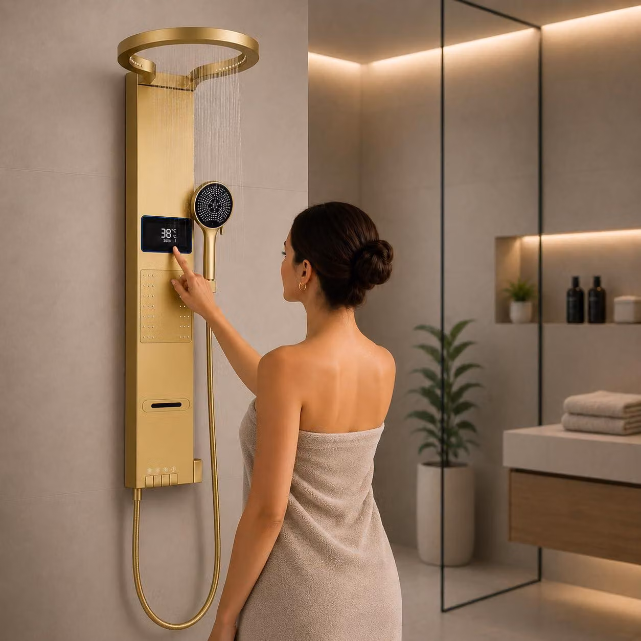 Pannello doccia con termostato, finitura oro, 105 cm, 4 funzioni, idromassaggio