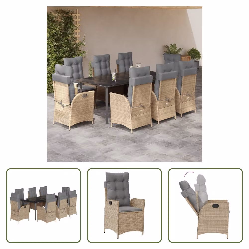 The Living Store Set da pranzo da giardino 9 pezzi con cuscini Beige poly rattan