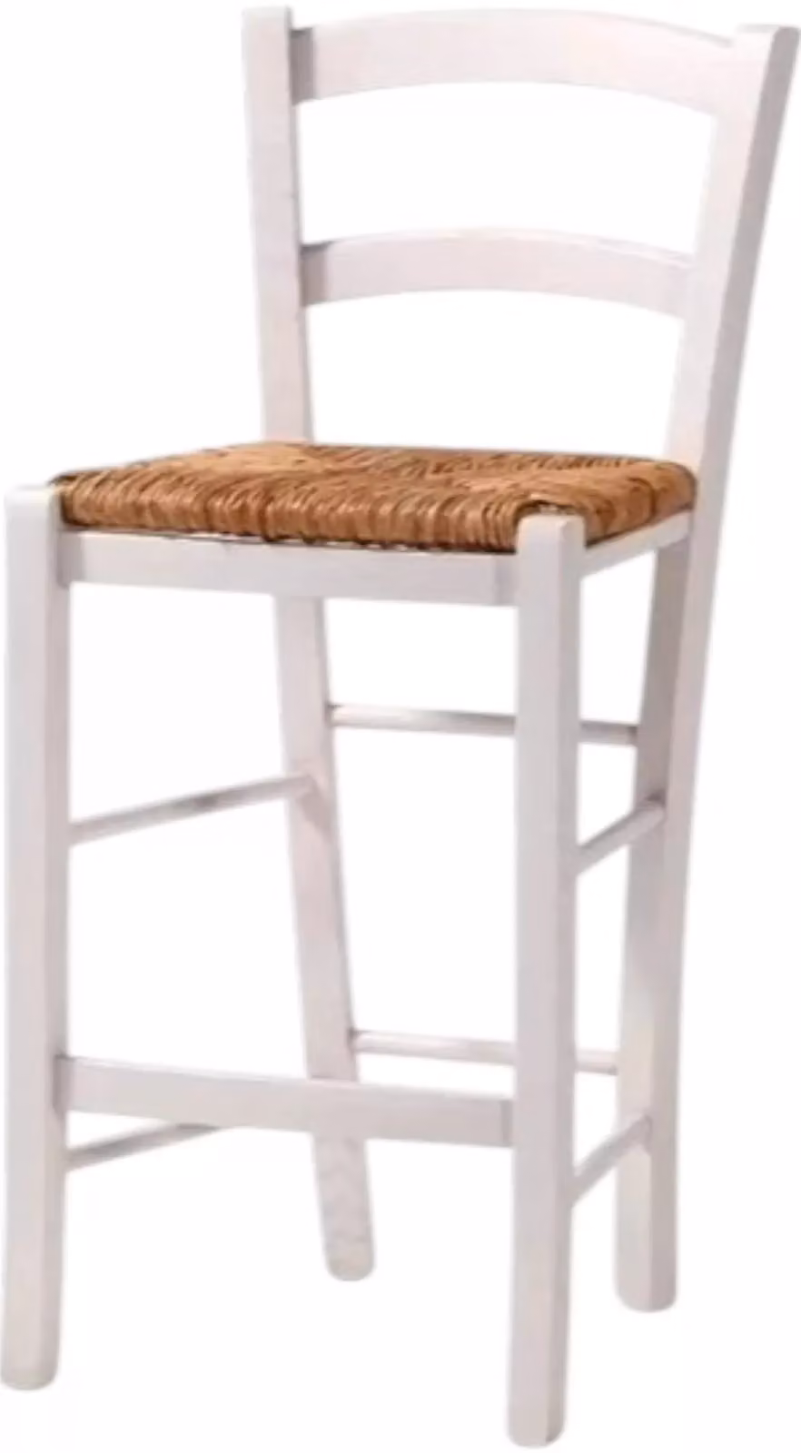 Sgabello shabby chic in legno di faggio bianco con seduta in paglia Mobili 2G L/P/H: 47 x 46 x 101 cm