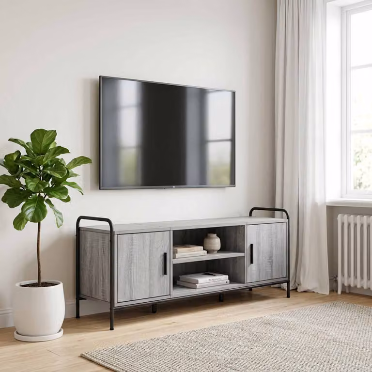 Mobile TV vidaXL moderno in legno ingegnerizzato e metallo, colore grigio, L: 133 cm, P: 33 cm, H: 50 cm