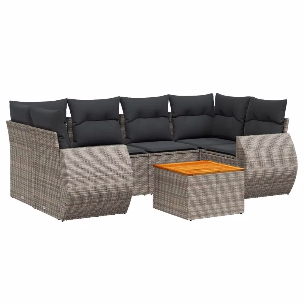 Set da giardino moderno vidaXL composto da 7 pezzi in polyrattan grigio con cuscini e tavolino da esterno a forma di L – 2