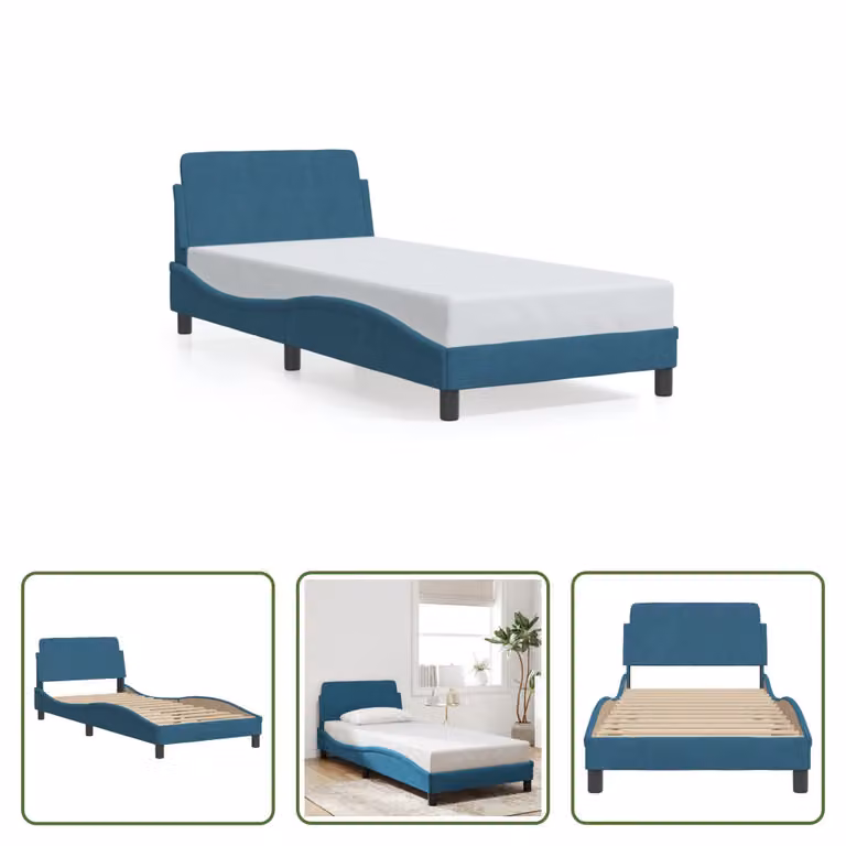 The Living Store Struttura letto con testiera blu 90x190 cm in velluto