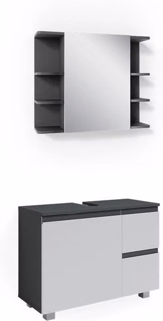 Set mobili bagno Vicco J-Shape Antracite composto da mobile lavabo e pensile specchio con finitura opaca e design minimalista