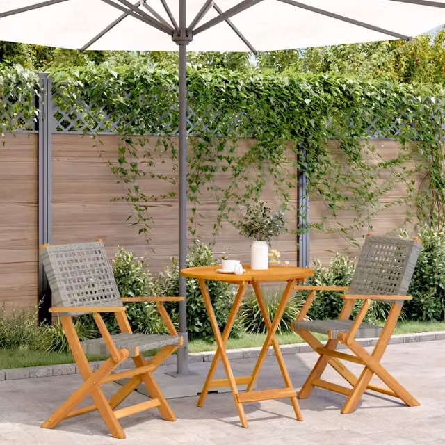 Set da Bistrot vidaXL in Polyrattan e Legno di Acacia Grigio, 3 Pezzi – 1