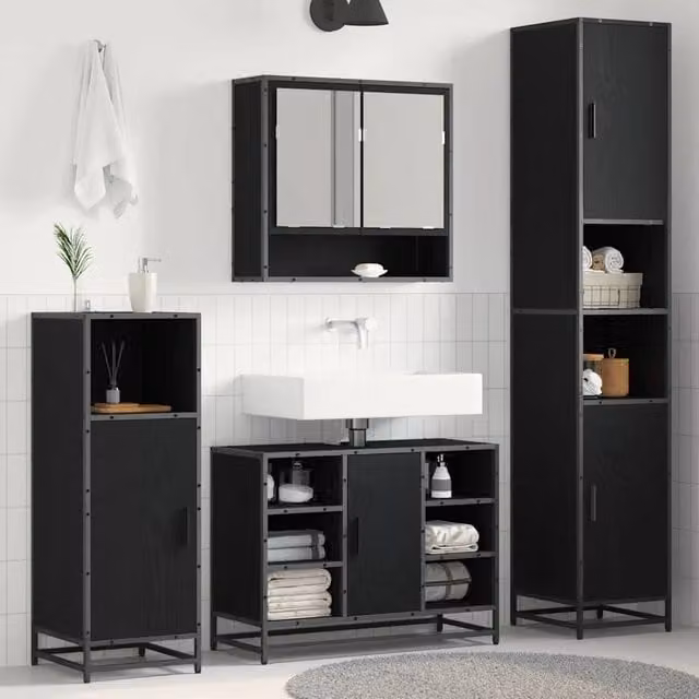 Set di mobili per il bagno moderno vidaXL in legno e metallo, Rovere e Nero, L: 35 cm, P: 37,5 cm, H: 188,5 cm
