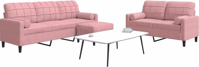 Set di divani moderno vidaXL in velluto rosa composto da divano a 3 posti, divano a 2 posti e pouf con cuscini e struttura in metallo