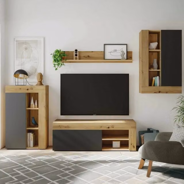 Parete attrezzata Atex, Set da soggiorno moderno, Mobile salotto multiuso, 260x41h102 cm, Rovere Nodi e Antracite