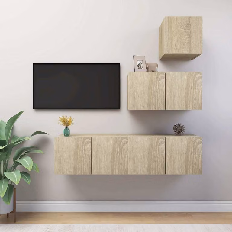 Set di mobili TV moderno vidaXL in legno multistrato e MDF, colore Rovere Sonoma, marrone e beige