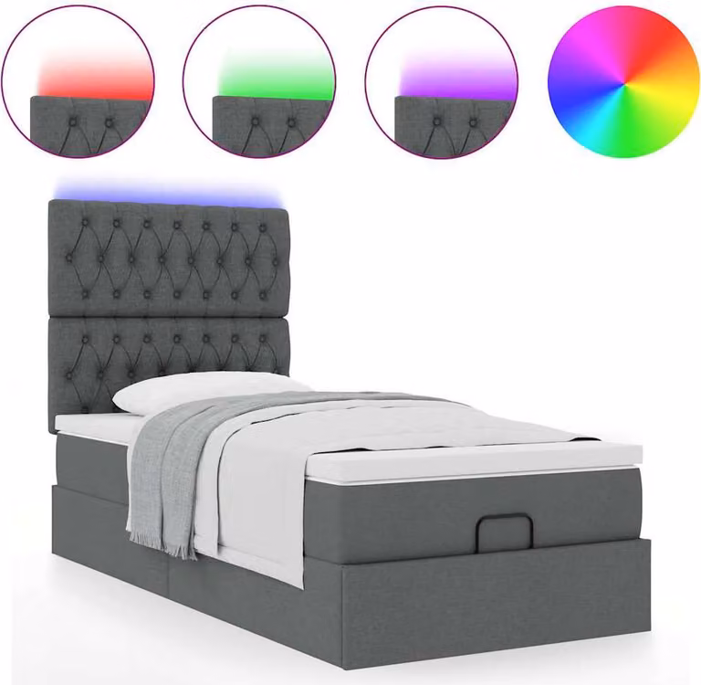 Pouf Letto con Materasso e LED Grigio Scuro 90x200 cm Tessuto