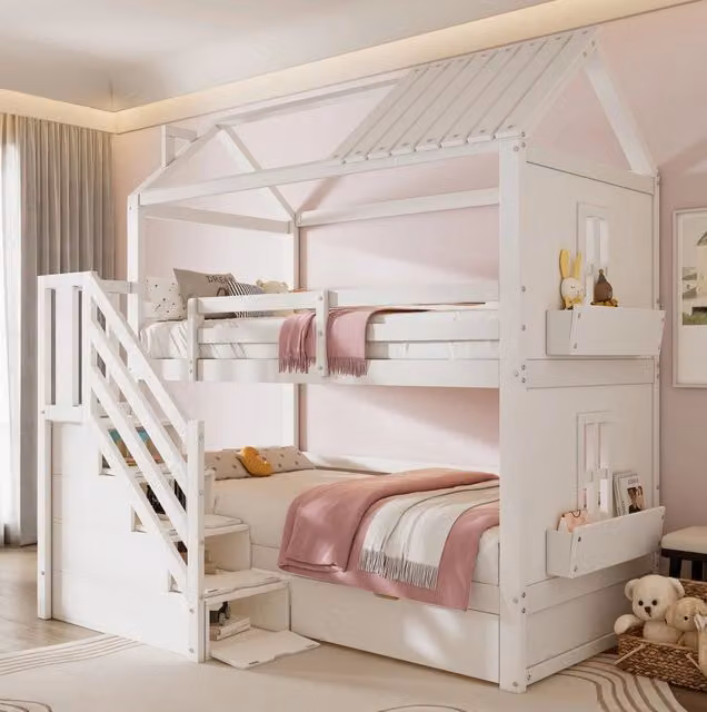Letto a castello per bambini 90x200 cm con scala contenitore; cassetti e ripiani; bianco