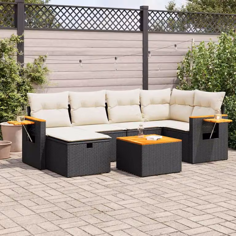 Set di divani da giardino vidaXL in rattan e legno di acacia oliato con 7 cuscini nero