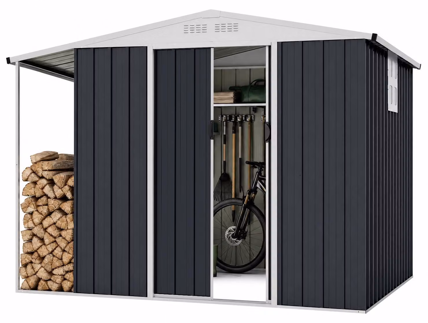 COSTWAY, capanno da giardino in metallo, deposito attrezzi con tetto a falda, 2 porte scorrevoli, finestra, griglie di ventilazione e serratura, capacità 5,66 m³, dimensioni 244x194x181 cm