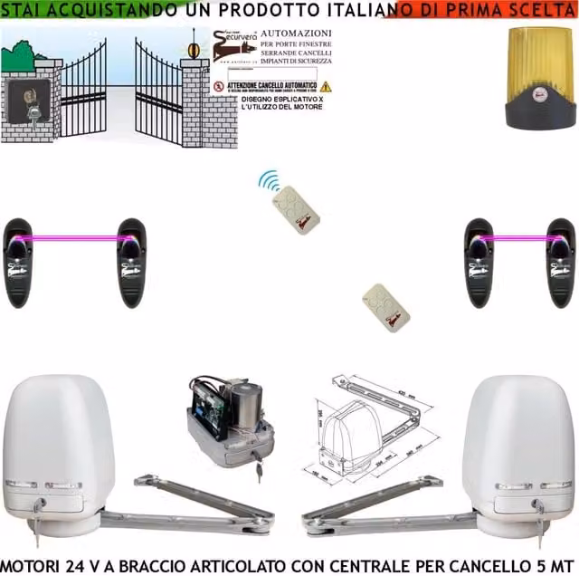 Cancello Automatico Kit Motori a Braccio Articolato 24 V 2 Ante da 0,5 a 2,5 MT Centrale 220/24 V Selettore 2 Radiocomandi Faro 2 Coppie Fotocellule