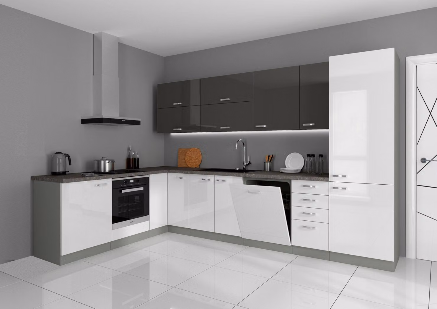Cucina Bianca Angolo V 210x330 Cucina a vista Lucido Bianco + Grigio Blocco cucina Grey