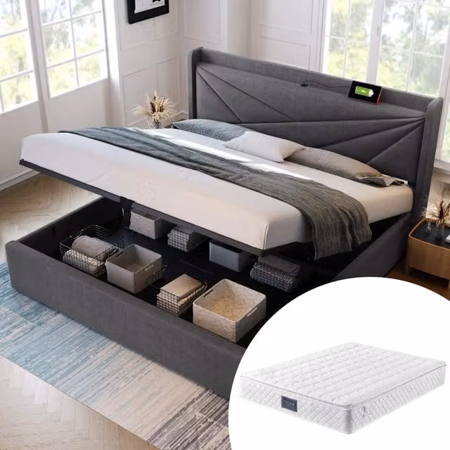 Letto contenitore matrimoniale 160 × 200 cm con USB e Type-C, testiera imbottita, materasso incluso, grigio
