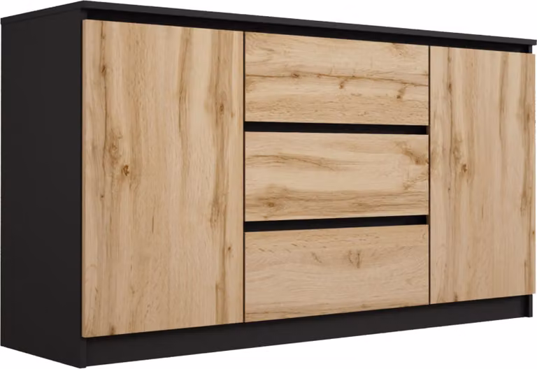 Comodino: 3 cassetti e 2 ante, colore: nero / rovere Wotan