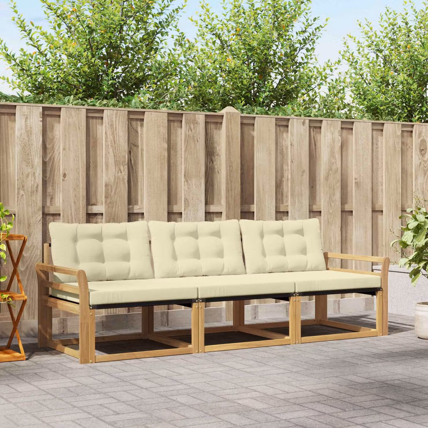 Set di divani da esterno vidaXL in legno di acacia e textilene, 3 pezzi, Bianco e Beige con cuscini inclusi