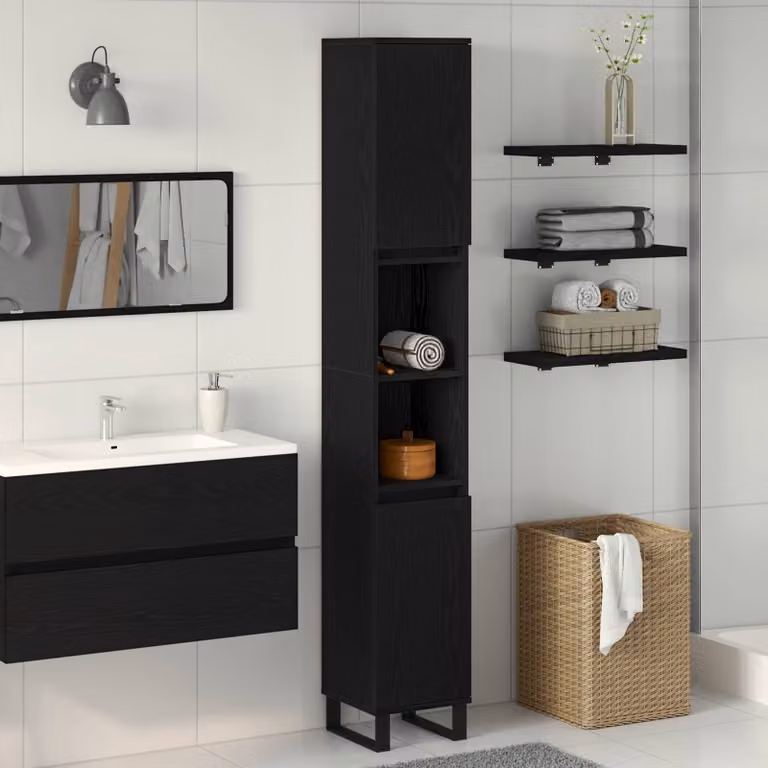 Mobile da bagno vidaXL in legno e metallo nero con ante a battente e ripiani interni L: 30 cm, P: 30 cm, H: 190 cm