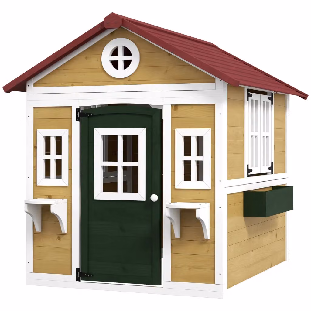 Casetta da giardino in legno Minimal per bambini, beige e multicolore, con finestre e fioriere, L: 114 cm, P: 126,4 cm, H: 135 cm – 2