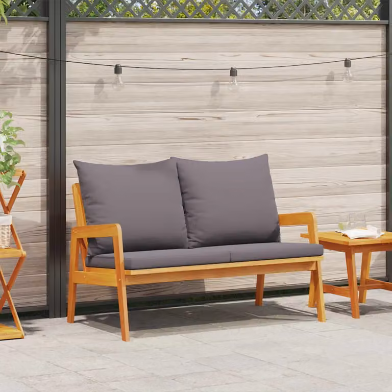Panchina da giardino moderna vidaXL in legno di acacia oliato con cuscini, L: 115 cm, P: 65 cm, H: 71 cm
