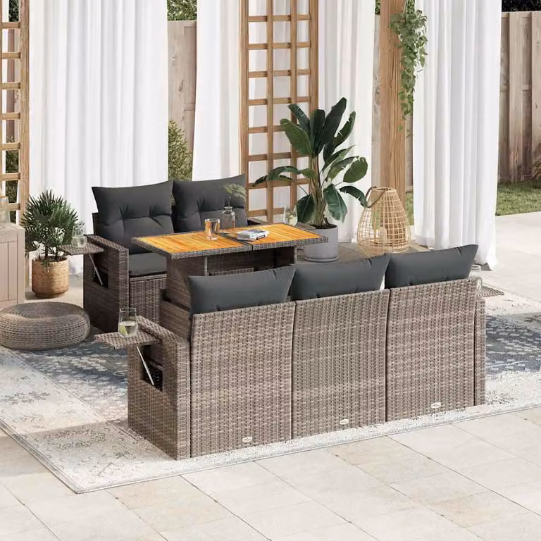 Set Divano da Giardino vidaXL 6 pz in Polyrattan Grigio con Cuscini e Tavolino da Esterno a Forma di L