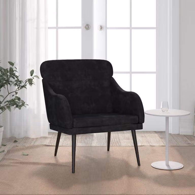 Poltrona relax moderna vidaXL in velluto nero con braccioli e struttura in metallo L/P/H: 63 x 76 x 80 cm