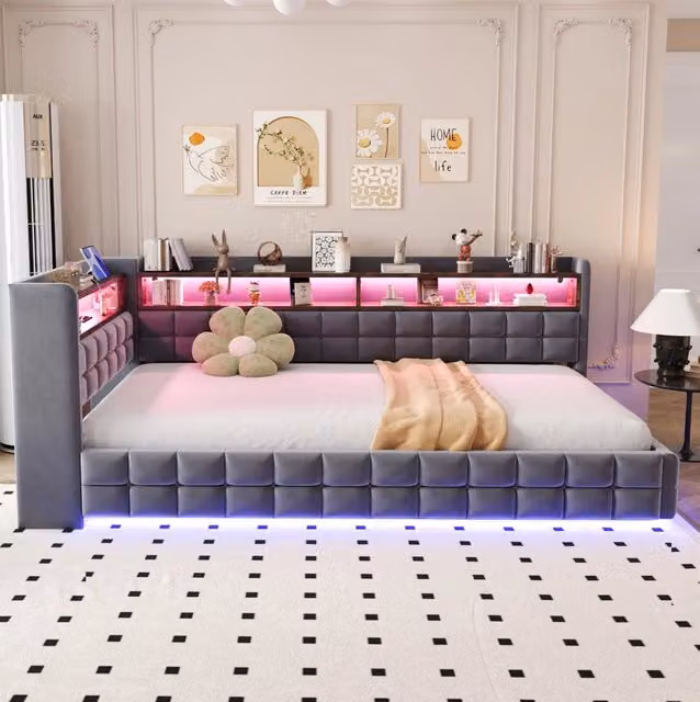 Letto imbottito con contenitore idraulico; LED e prese USB Type-C; 90x200 cm; velluto grigio