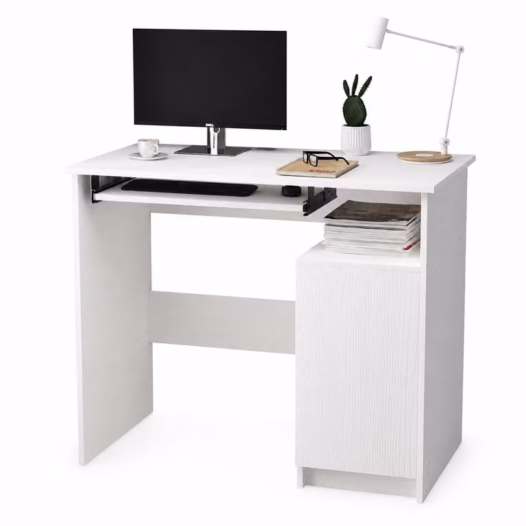 Moderna scrivania per computer con ripiano per tastiera, bianca, con mobile in stile loft