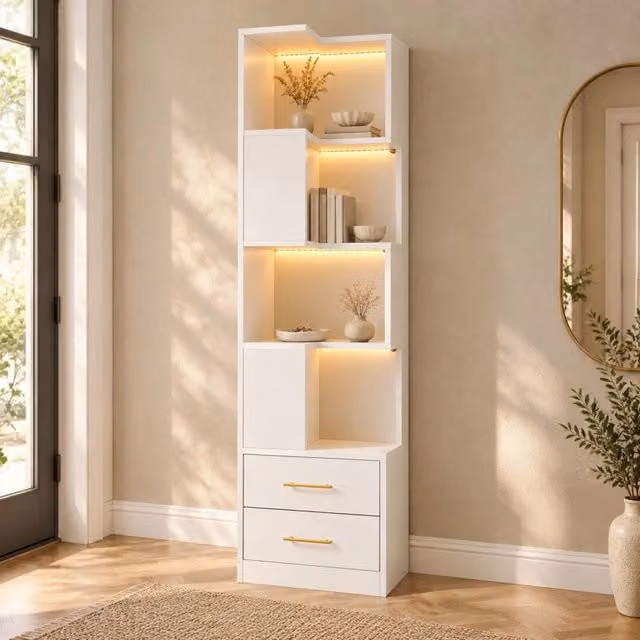 Mobile angolare bianco 165 cm con illuminazione LED, 2 cassetti e 4 ripiani per soggiorno e camera da letto