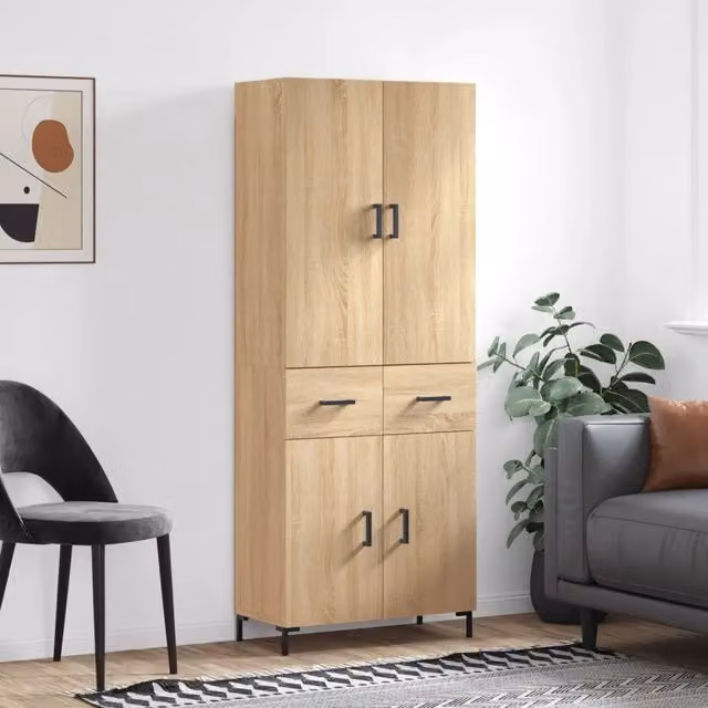 Credenza moderna vidaXL in legno e metallo color rovere, L: 69,5 cm, P: 34 cm, H: 180 cm