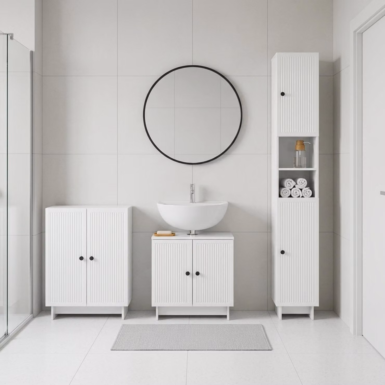 Set di armadietti da bagno moderni vidaXL in 3 pezzi, bianco lucido, con mobile lavabo e pensili