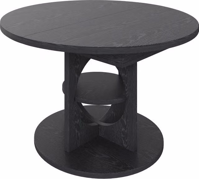 Tavolo da pranzo allungabile con ripiano integrato, 110-150 cm, finitura legno nero, forma da rotonda a ovale