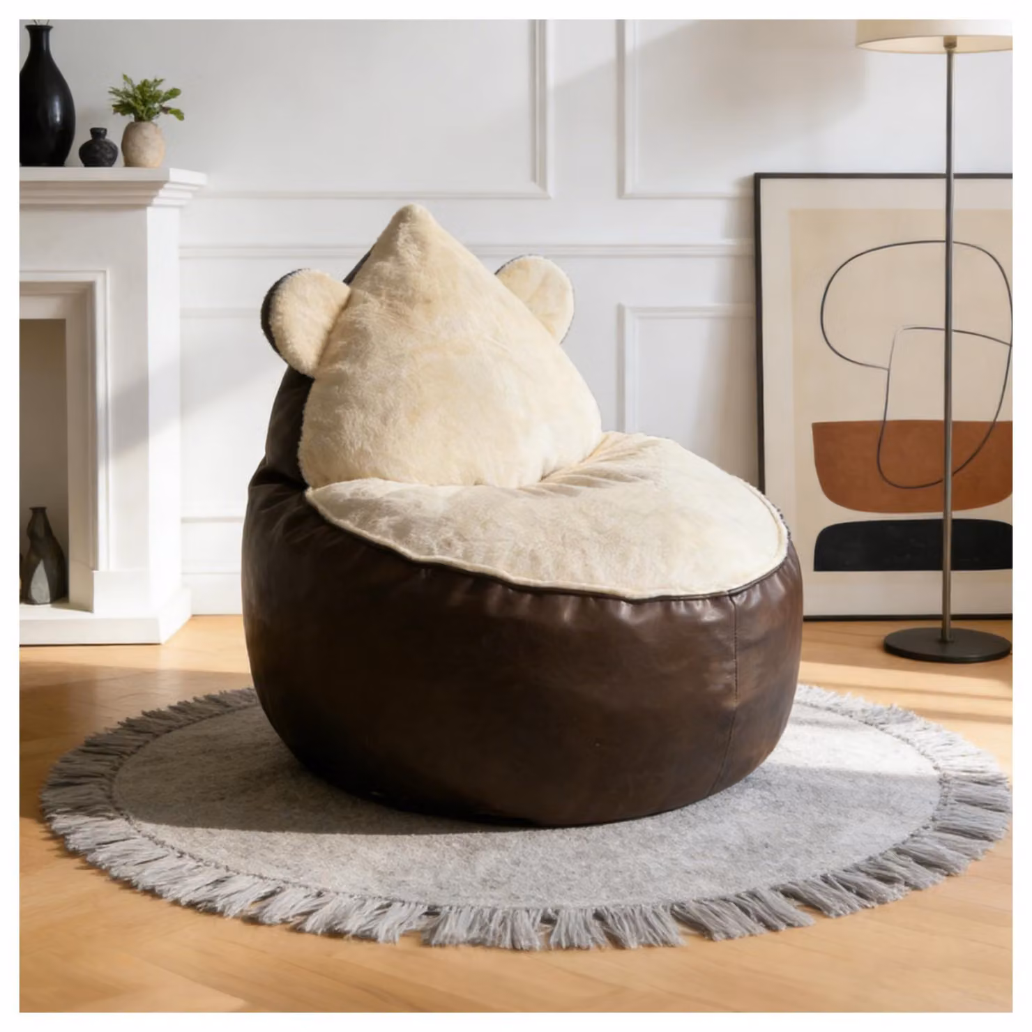 Poltrona okwish a forma di orso, monoposto, con orecchie arrotondate, rivestimento morbido, base ampia, seduta stabile, ideale per il soggiorno o un angolo lettura, tessuto in flanella, colore marrone