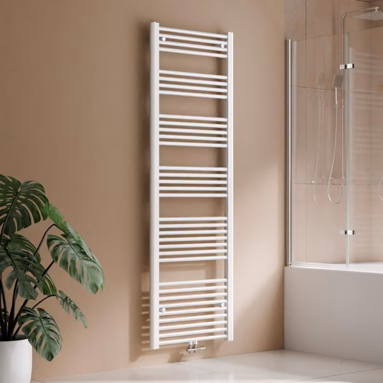 Radiatore da bagno 180 x 60 cm, 860 W, bianco, radiatore asciugamani con attacco centrale, design lineare, asciugatore per asciugamani – S'AFIELINA