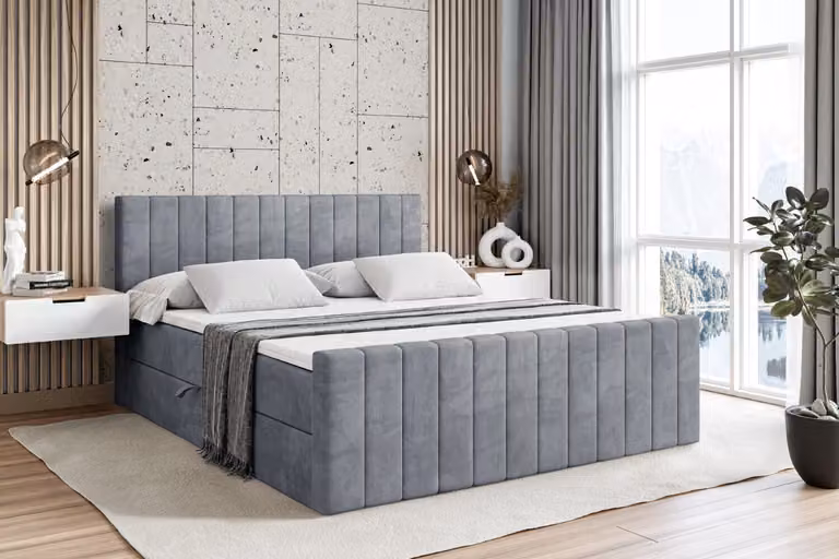 Letto boxspring ALTDECOR con pediera, materasso H4 e topper - 120x200 cm - EDITA-Z - Grigio velluto - Letto imbottito con contenitore e rete a doghe, letto con spazio contenitivo