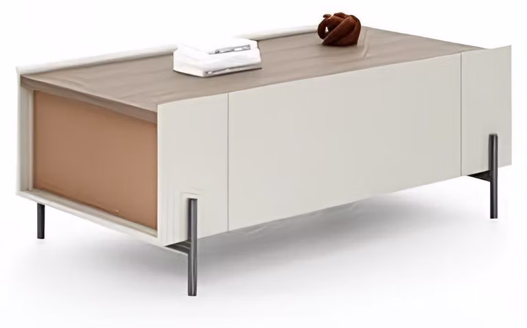 Tavolino da caffè moderno ed elegante, bianco, in legno, con spazio contenitivo. Arredamento di design