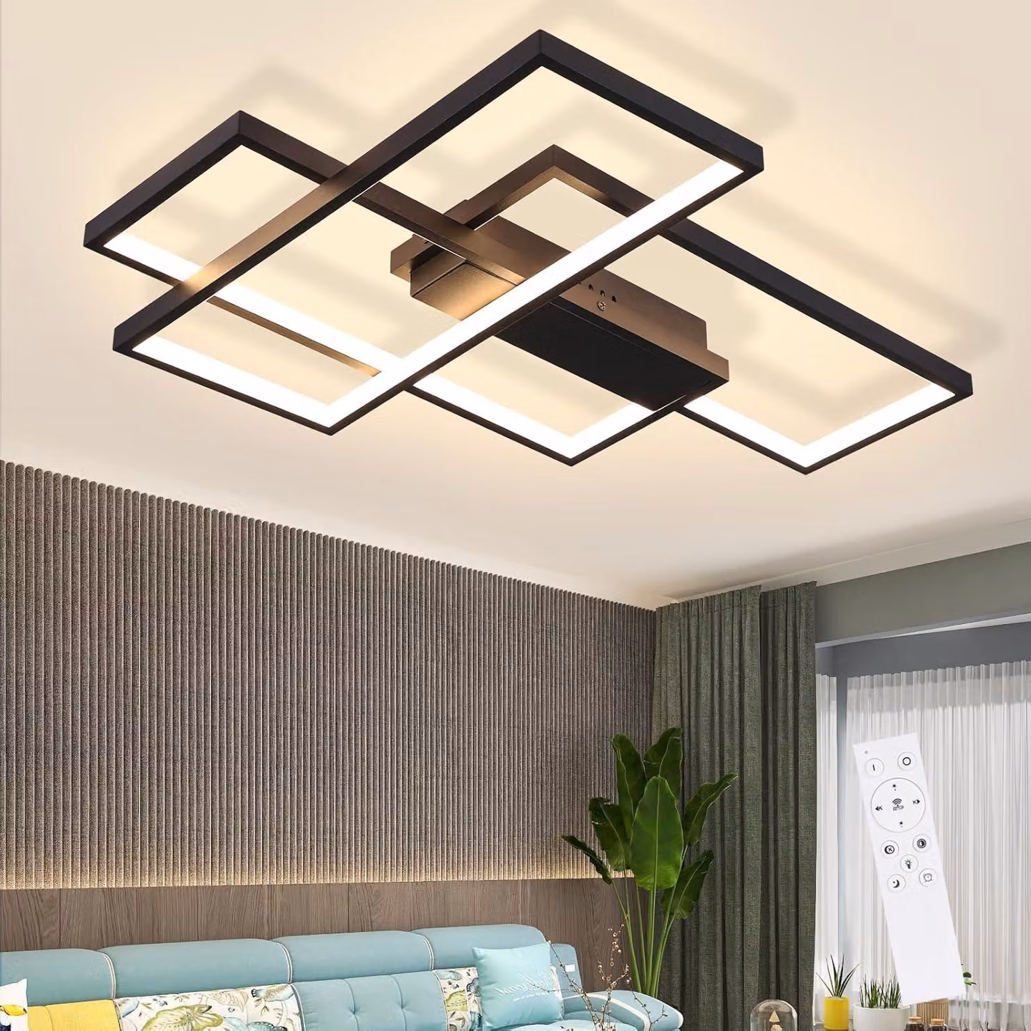 ZMH Lampada da soffitto a LED 65 cm, dimmerabile, con telecomando, nera, per soggiorno; illuminazione da soffitto da 65 W per sala da pranzo, camera da letto e cucina